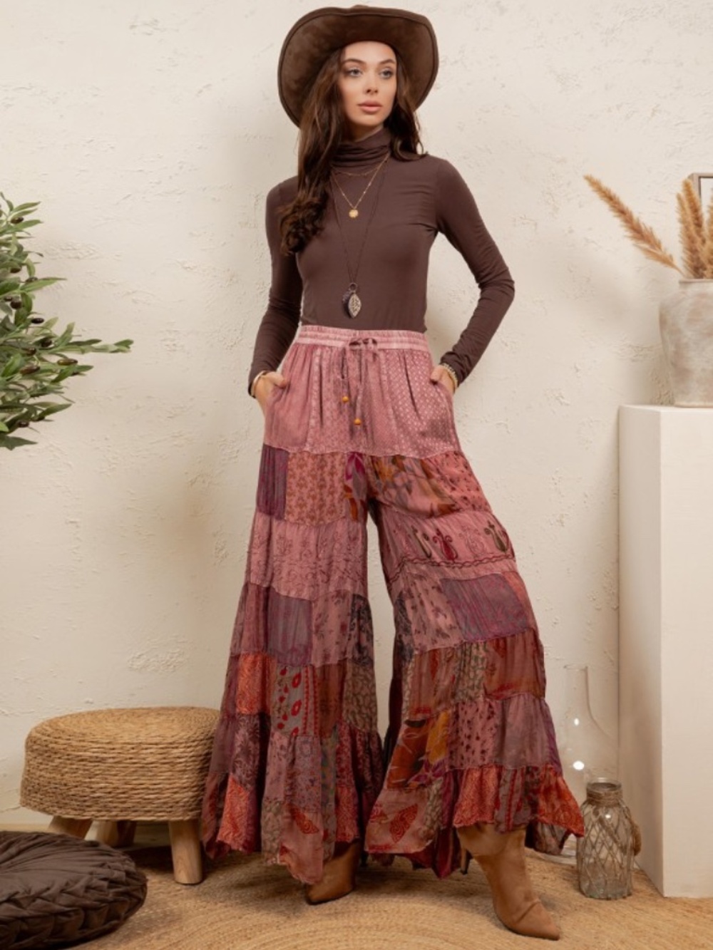 Young Threads Garnet Patchwork Wide Leg Flowy Pants